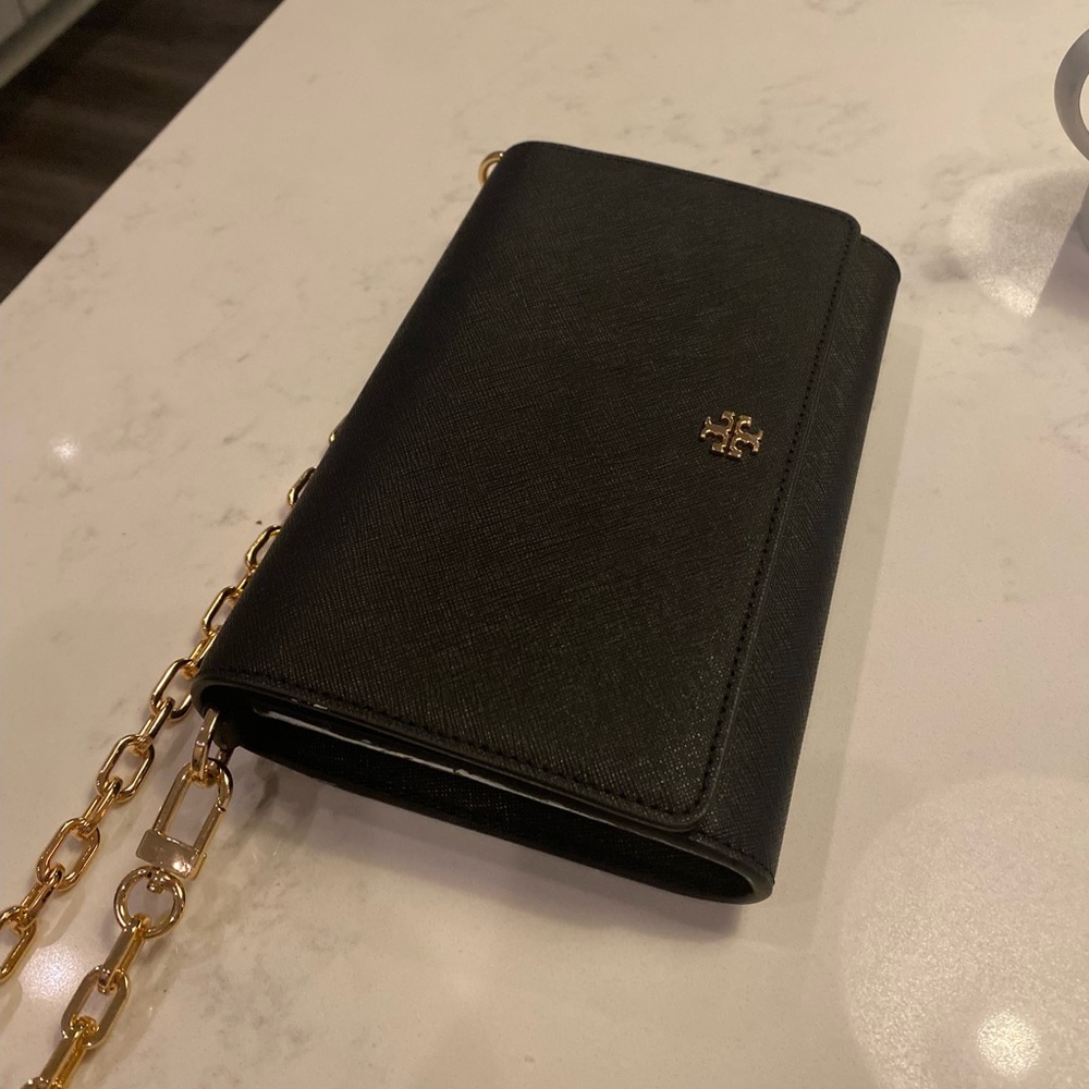 Tory Burch black leather chain wallet